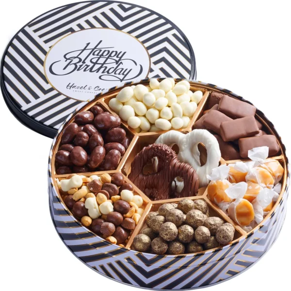 Hazel & Creme Birthday Tin Gift Box - Happy Birthday Gift Basket - Gourmet Chocolate Gift Box For Women/Men